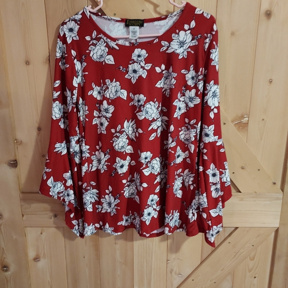 FORBIDDEN SOCIETY Pullover Floral Blouse Maroon Long Sleeve Bell Sleeve Size Med
